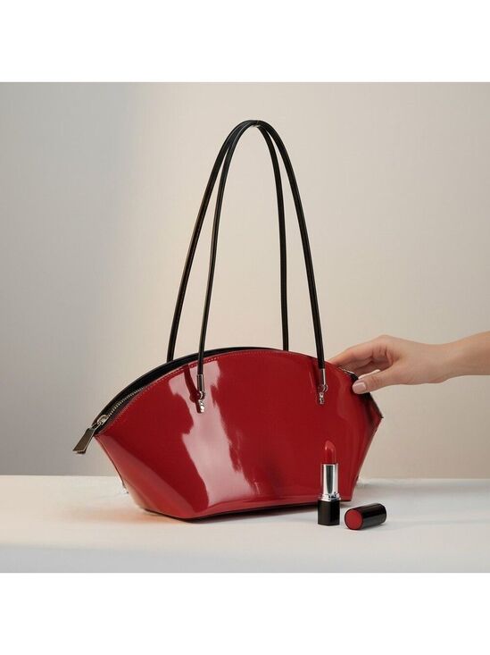 Beijo Handbags - Beijo Red Patent Finish Shoulder Bag Y2K Sculptural Crescent Purse Retro Futuris